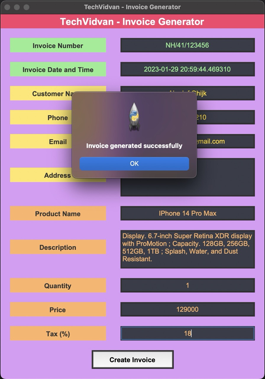 Pycharm Invoice Invoice Generator - Python